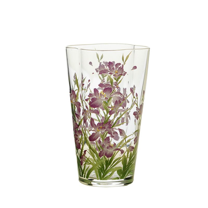湯呑み ガラス コップ おしゃれ 輪花 アヤメ 菖蒲 花柄 硝子 カップ 中国茶器 品茗杯 レトロ モダン 煎茶碗 来客用 女性 普段使い ティーカップ ミニグラス 和風 ギフト 140ml