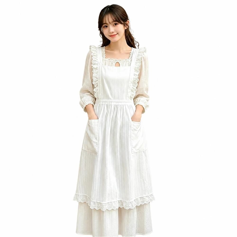 　　　 ◆◇◆売れている秘密◆◇◆ 【大人可愛いフリルデザイン】ワンピースのようなシルエットが魅力のレディースエプロンです。肩まわりの上品なレースフリルと裾のフリルディテールが、女性らしく華やかな印象を演出します。ナチュラルなホワイトカラーで、毎日の家事時間がもっと楽しくなるおしゃれな北欧風デザインに仕上げました。 【肌触りの良いコットン素材】通気性と吸水性に優れた綿素材を採用したコットンエプロンです。薄手で軽い着心地でありながら、衣服を汚れからしっかりと守ります。柔らかく肌に馴染む質感で、長時間の着用でも蒸れにくく、季節を問わずオールシーズン快適にご使用いただけるワークエプロンです。 【便利な両サイドポケット付き】実用性にこだわった大きなポケット付きエプロンです。両サイドに配置された深めのポケットには、スマートフォンやメモ帳、ペン、レシピカードなどをスマートに収納できます。家事やお掃除はもちろん、ガーデニングや絵画教室、カフェでの作業時にも大活躍します。 【バッククロスで肩が凝りにくい】肩への負担が少ないバッククロス仕様の肩掛けエプロンです。首掛けタイプのように首元が痛くなる心配がなく、快適なフィット感が続きます。後ろ姿もすっきりと美しく見せるドレス風の仕上がりで、動きやすさと可愛らしさを両立させた優秀なアイテムです。 【様々なシーンやギフトに最適】日常のキッチンエプロンとしてはもちろん、保育士、サロン、料理教室、DIYなど幅広い用途で使える無地エプロンです。上品で清潔感のある上品なデザインなので、母の日や結婚祝い、新築祝いなどの大切な方へのプレゼントやギフトとしても大変喜ばれます。 　　　◆◇◆注意事項◆◇◆ご覧のモニターの環境、撮影環境により実物と色味が異なって見える場合がございます。湿った状態で他のものと擦り合わせると色が移る恐れがあります。濃色品の洗濯時は、白色、淡色と分けて洗ってください。説明 【大人可愛いレトロデザイン】フリルとレースを贅沢にあしらったワンピース風の白いエプロンです。ドレスのようなハイウエストの切り替えと、ふんわり広がるスカートラインがフェミニンな印象を与えます。バックスタイルも美しく見せるバッククロス仕様で、後ろ姿まで抜かりなくおしゃれを演出します。 【通気性のこだわり素材】肌触りの良いコットン素材を採用した、軽やかで涼しい薄手エプロンです。通気性と吸水性に優れているため、暑い季節のキッチンワークや長時間の軽作業でも蒸れにくく、一日中サラッと快適な着心地をキープします。優しいナチュラルな風合いが魅力のワークエプロンです。 【動きやすく実用的なポケット付き】締め付け感のないノースリーブエプロンなので、家事やガーデニング、絵画などの作業中も腕の動きを妨げません。左右にはスマートフォンやメモ帳、小物などをサッと収納できる便利なオープンポケットが配置されており、機能性と実用性を両立したデザインに仕上がっています。 【お手入れ簡単でいつでも清潔】自宅で手軽に洗濯できるため、日常使いのキッチンエプロンとして汚れを気にせず毎日ご愛用いただけます。丁寧な縫製と耐久性の高い綿素材により、型崩れしにくく長持ちします。ナチュラルな風合いを活かして、洗いざらしのままカジュアルに着こなすのもおすすめです。 【多様なシーンやギフトに最適】おうちでの料理や掃除はもちろん、カフェの制服、絵画教室、サロン用の作業着としても大活躍するドレスです。大人っぽい上品なホワイトカラーは年齢を問わず着用でき、母の日や誕生日、結婚祝い、新築祝いなど、大切な方への実用的でセンスの良いプレゼントとしても喜ばれます。