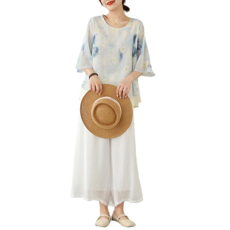 セットアップ レディース チャイナ風 改良漢服 上下セット ワイドパンツ 綿麻混 涼しい 花柄 シフォン 体型カバー ゆったり エスニック