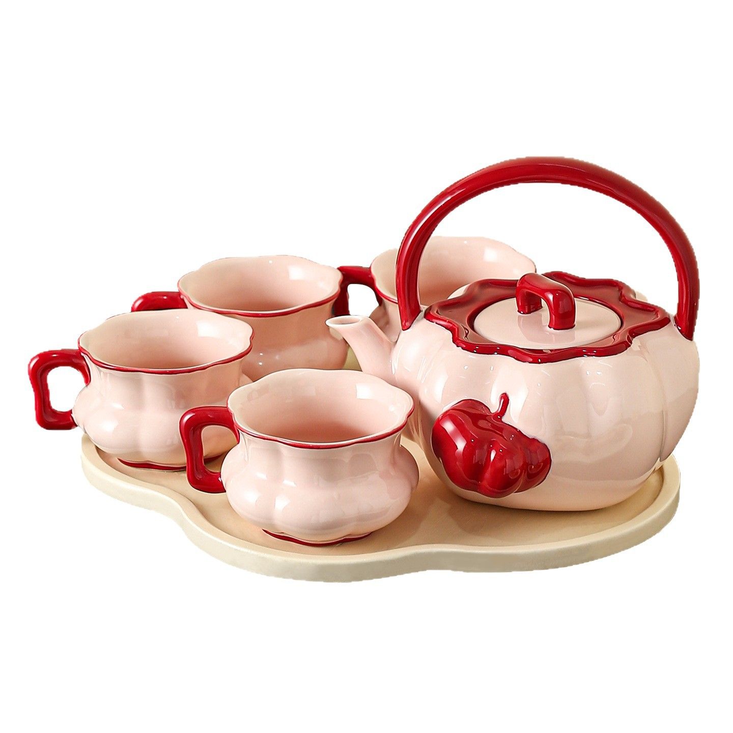 　　　 ◆◇◆売れている秘密◆◇◆ 【華やかな南瓜デザイン】丸みを帯びた愛らしい南瓜型 ティーポットが、テーブルを一層華やかに彩ります。光沢のあるセラミック ティーセットは、滑らかでのある質感が特徴です。陶器製 急須の温かみのあるピンクとレッドのバイカラーが、置くだけでインテリアとしても映えるお洒落なキッチン雑貨です。 【心安らぐティータイムを演出】たっぷり入る急須とお揃いのお洒落な 茶器セットで、優雅な午後をお過ごしください。ティーカップ 4客がセットになっており、ご家族での団らんや来客時のおもてなしにも最適です。ハーブティーや紅茶など、お好みの花茶 ティーセットとして、日常の喧騒を忘れる贅沢なひとときをお届けします。 【使いやすさを追求した設計】持ちやすい取っ手部分は手に馴染む形状で、注ぎやすさにもこだわりました。表面は汚れが落ちやすくお手入れも簡単なセラミック製 食器ですので、毎日気軽にご使用いただけます。ご自宅でのアフタヌーンティー セットとして、女子会や週末のリラックスタイムをより特別で快適なものに変えてくれます。 【長く愛用できる】職人のこだわりが詰まった耐久性の高い 陶器を使用し、細部まで丁寧に仕上げました。色あせにくく美しい発色が続くティーポットセットは、普段使いはもちろん記念日の演出にもぴったりです。 セラミックならではの程よい重量感と安定感があり、飽きのこないデザインで末永くご愛用いただけます。 【大切な方へのギフトに最適】華やかな専用ボックス入りの結婚祝い プレゼントとして、新生活を彩る最高の贈り物になります。実用性とデザイン性を兼ね備えたティータイム ギフトは、誕生日や母の日、新築祝いなどの贈り物 茶具セットとしても大変喜ばれます。大切な人の笑顔を思い浮かべながら贈る、感謝の気持ちを伝える逸品です。 　　　◆◇◆注意事項◆◇◆ご覧のモニターの環境、撮影環境により実物と色味が異なって見える場合がございます。湿った状態で他のものと擦り合わせると色が移る恐れがあります。濃色品の洗濯時は、白色、淡色と分けて洗ってください。説明 【可愛らしいカボチャ型デザイン】丸みを帯びたパンプキンポットがおしゃれな雰囲気を演出するティーセットです。なセラミックティーセットとして、表面は滑らかで光沢があり、淡いピンクと情熱的なレッドの組み合わせが食卓を華やかに彩ります。インテリアとしても映えるティーポットセットをお届けします。 【癒しのティータイムを実現】この耐熱性の高い急須セットは、紅茶やハーブティー、花茶などを楽しむアフタヌーンティーに最適です。付属のカップ＆ソーサーは手に馴染みやすく、お好みの飲み物を注いで優雅なひとときを過ごせます。機能性と美しさを兼ね備えた茶器セットで、日常の暮らしに彩りを添えましょう。 【使いやすさを追求した設計】持ちやすい形状の持ち手が特徴の水具セットです。注ぎ口の形状も工夫されており、液だれしにくいためストレスなくお使いいただけます。陶器製の水差しとコップのセットは、家族や友人と囲むティータイムをより一層楽しく演出し、心温まるリラックスタイムを提供してくれます。 【長く愛用できるセラミック】高温で焼き上げられた丈夫な磁器製ティーセットは、傷がつきにくく耐久性に優れています。滑らかな釉薬仕上げにより、汚れが付きにくくお手入れも簡単です。清潔感を保ちやすいコーヒーカップセットとしても活躍し、毎日の使用でも美しさを損なうことなく長くご愛用いただけます。 【大切な方への贈り物に最適】溢れる専用のギフトボックス入りで、結婚祝いや新築祝い、記念日のプレゼントに最適な新婚祝いティーセットです。北欧風の可愛らしいデザインは、年代を問わず喜ばれるアイテムです。感謝の気持ちを込めた贈り物として、大切な方の新しい生活を彩る素敵なギフトセットです。