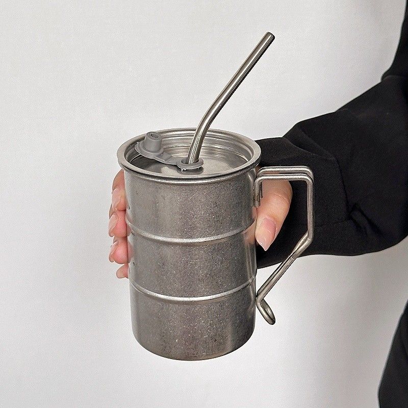 コーヒーカップ ヴィンテージ風 ステンレス マグカップ 蓋付き ストロー付き 高級ステンレス インダストリアル 無骨 持ち手付き キャンプ アウトドア 結露しにくい 割れない 耐久性 ティーカップ お