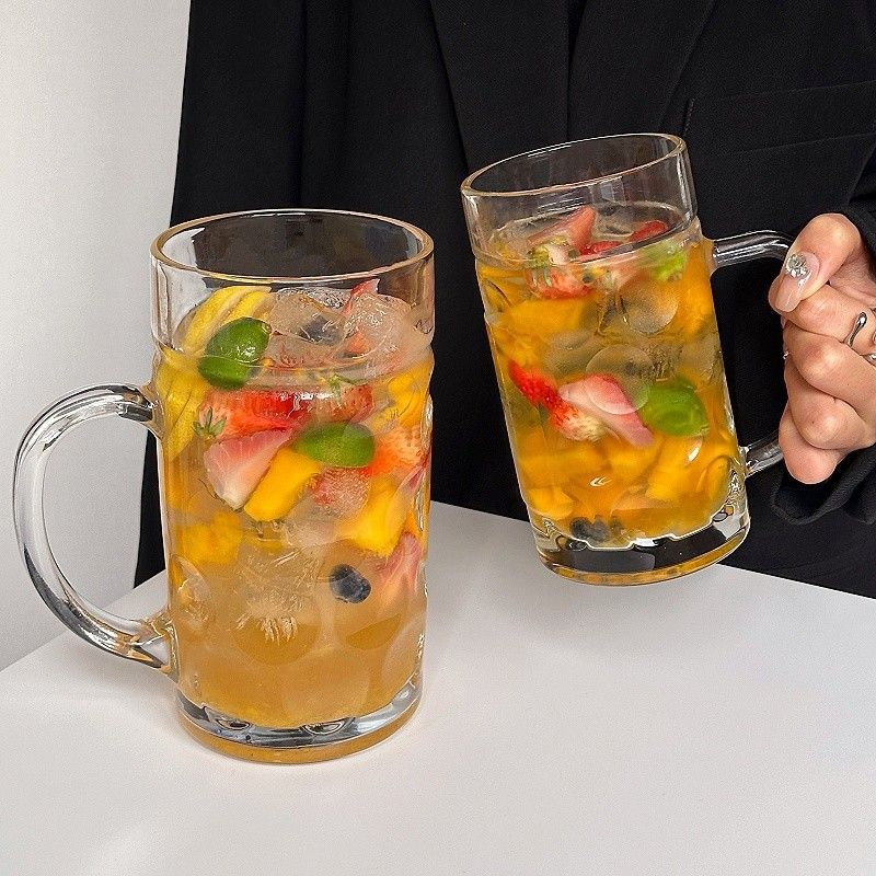 2個入り ジョッキ 大容量 500ml+1000ml ガラス製 取っ手付き ビアジョッキ おしゃれ ティーカップ フルーツティー ジュース ビール アイスコーヒー