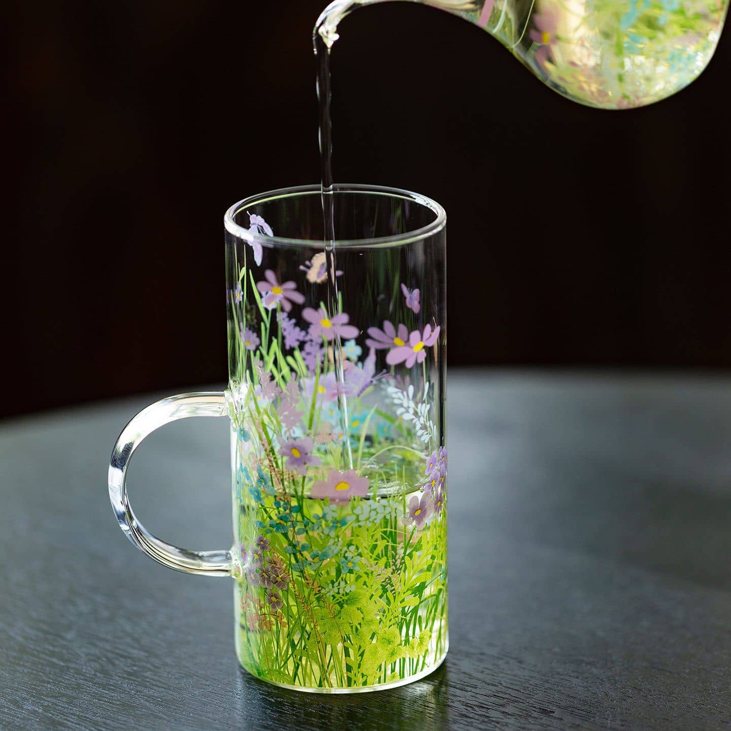 耐熱ガラス マグカップ おしゃれ コップ 取っ手付き 花柄 蝶柄 かわいい ティーカップ コーヒーカップ グラス ジュースカップ 洋食器 北欧風 カフェ風 自宅用 オフィス プレゼント ギフト