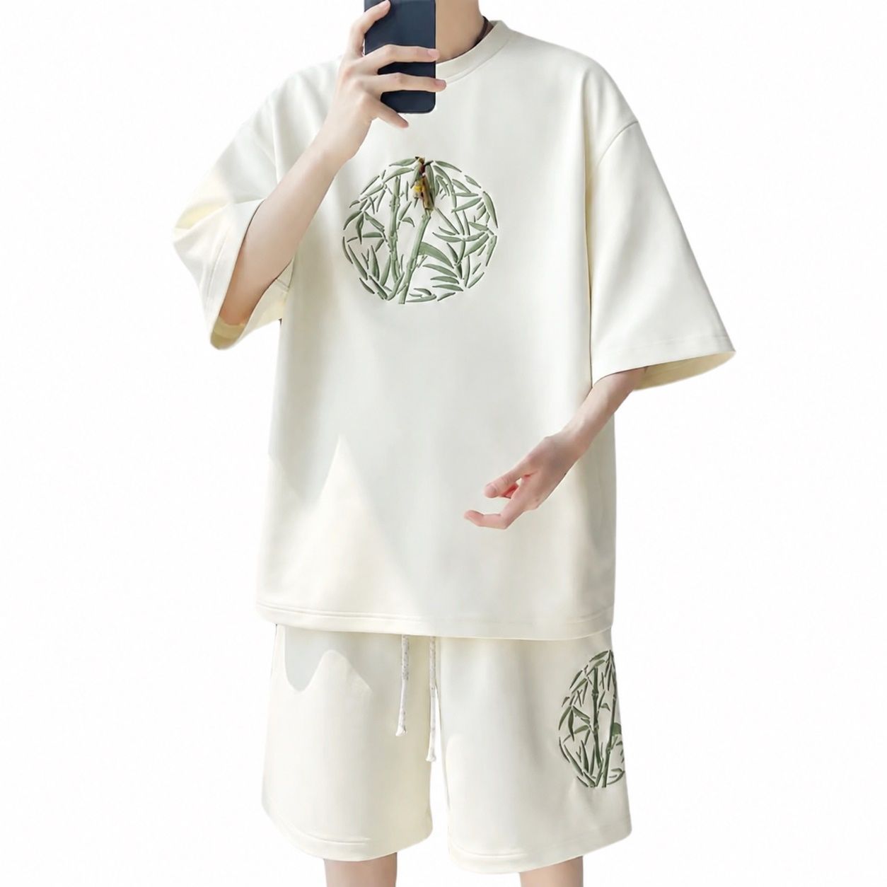 セットアップ メンズ 夏服 半袖 接触冷感 チャイナ風 上下セット 竹柄 刺繍 Tシャツ ハーフパンツ ゆったり 大きいサイズ ショートパンツ ルームウェア 涼しい 部屋着 普段着