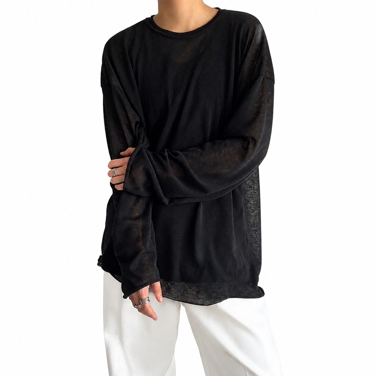 Cut Saw Long Sleeve T-Shirt Big Silhouette Drop Shoulder Oversized Plain Tops Spring Fall Round Neck Sheer Thin Soft Soft Stylish