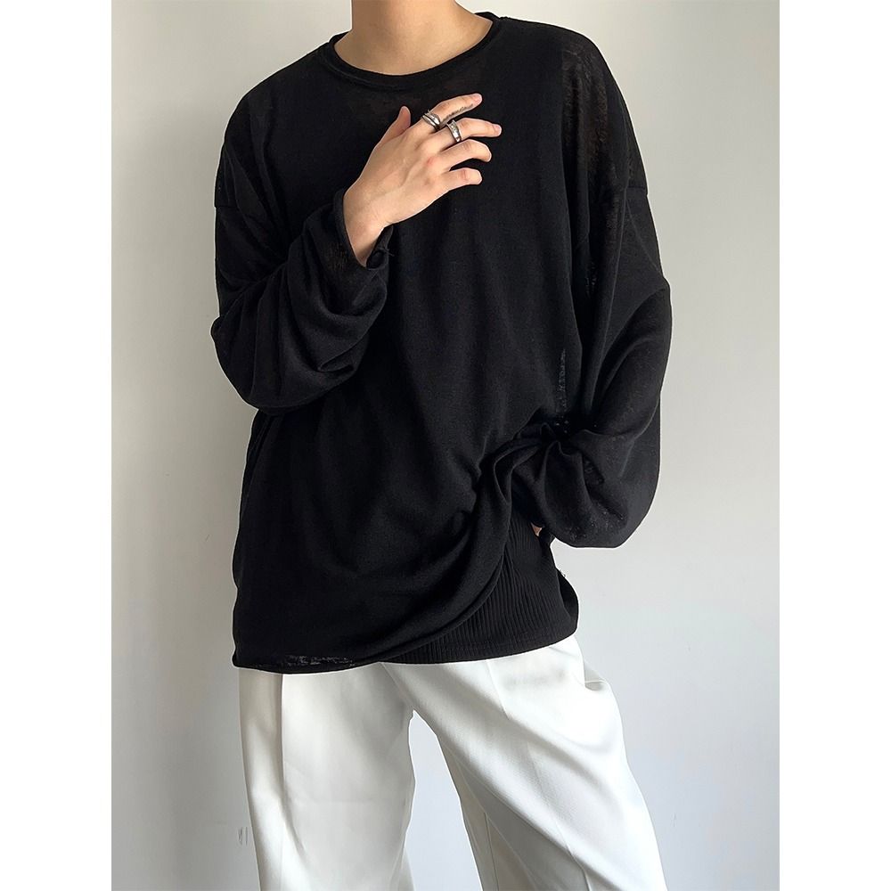 カットソー メンズ 長袖 Tシャツ ビッグシルエット ドロップショルダー オーバーサイズ 無地 インナー トップス 春 秋 丸首 シアー 薄手 とろみ 柔らかい おしゃれ — vista 2