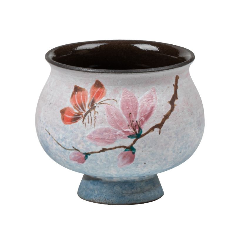 湯呑み 陶器 おしゃれ 和モダン 手描き 花蝶文様 高台付き フリーカップ 下絵彩 煎...