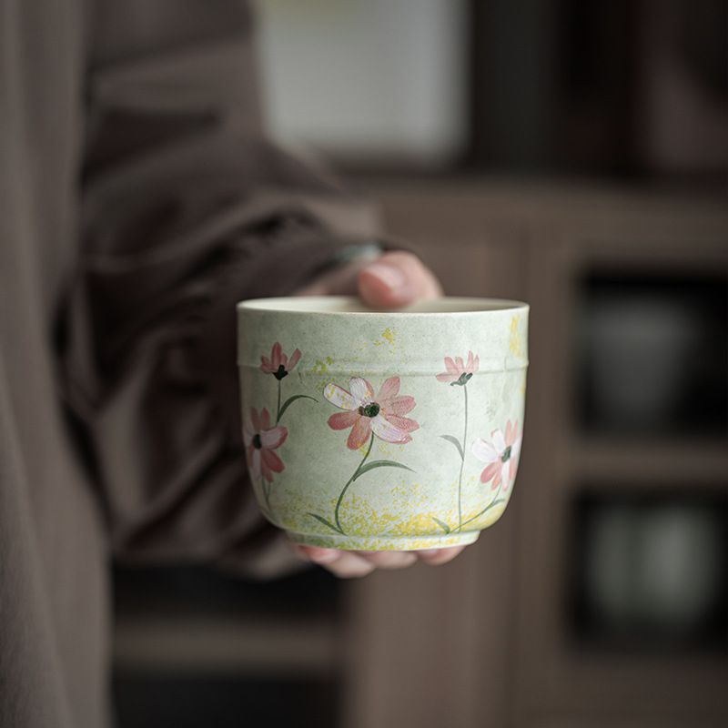 建水 陶磁器製 手描きデイジー柄 茶こぼし 卓上水捨て鉢 湯こぼし 煎茶道具 和モダ...