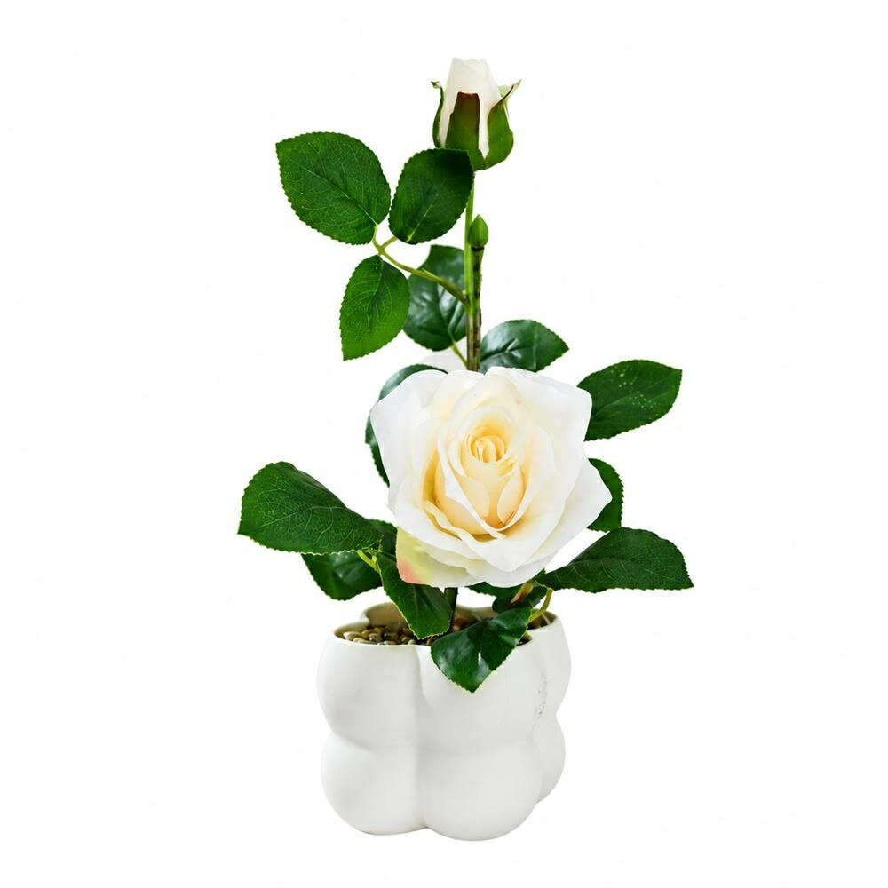 Rakuten - バラ 造花 ミニ 鉢植え ローズ 薔薇 フェイクフラワー 観葉植物 室内 飾り 卓上 玄関 トイレ 洗面所 おしゃれ かわいい 北欧 韓国インテリア プレゼント 誕生日 母の日 水やり不要 お手入れ簡単 リアル 陶器風 ホワイト つぼみ コンパクト ギフト