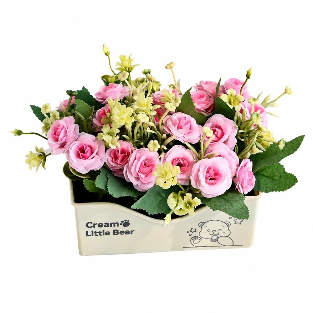 For Visit - 【癒やしの空間】フェイクグリーン 造花 観葉植物 バラ 薔薇 ミニローズ 鉢植え 枯れない花 お手入れ不要 卓上 置物 インテリア おしゃれ かわいい 玄関 トイレ キッチン オフィス クマ 雑貨 プレゼント ギフト 誕生日 ピンク 小ぶり アートフラワー