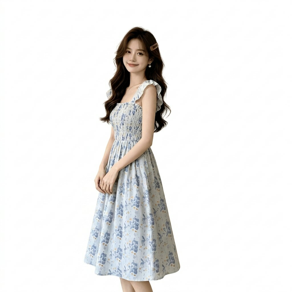 Rakuten - 【新作】ワンピース 夏 小花柄 スクエアネック レディース シャーリング フリル ロング ワンピ ミモレ丈 膝丈 膝下 Aライン フレア 花柄 フラワー ノースリーブ 袖なし サマードレス 体型カバー 着痩せ 細見え 脚長 ハイウエスト 大人可愛い きれいめ リゾート 旅行
