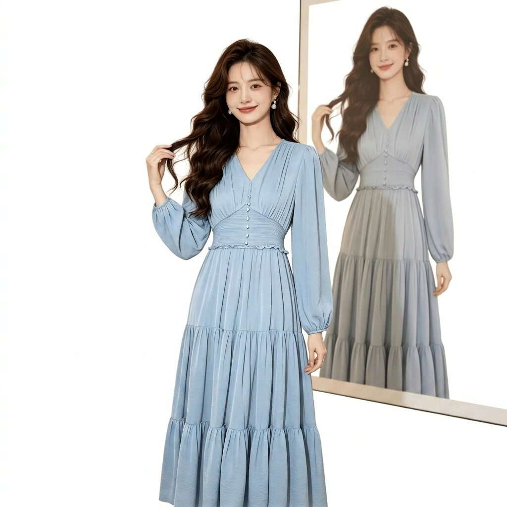 Rakuten - 【体型カバー】 ワンピース レディース ロングワンピース ティアード Vネック マキシ丈 ロングワンピ Aライン 長袖 ボリューム袖 盛り袖 ウエストマーク シャーリング きれいめ フェミニン 大人可愛い 結婚式 二次会 お呼ばれ パーティー ドレス 卒園式 卒業式 入学式