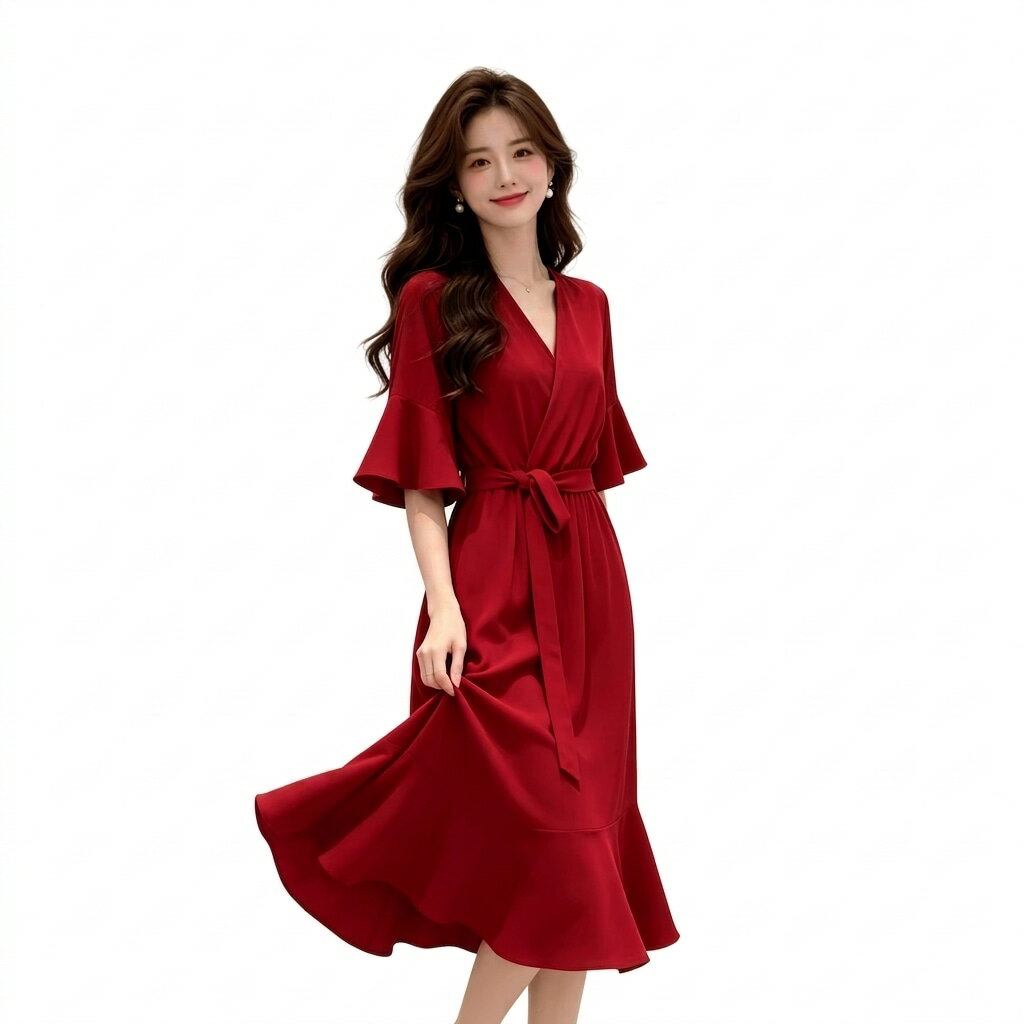 乐天商城 - 【スタイルアップ】ワンピース レディース ロングワンピース ミモレ丈 vネック カシュクール ベルスリーブ フレアスリーブ ウエストリボン ウエストマーク aライン 裾フリル マーメイド 体型カバー 着痩せ 細見え 二の腕カバー 結婚式 二次会 お呼ばれ パーティー