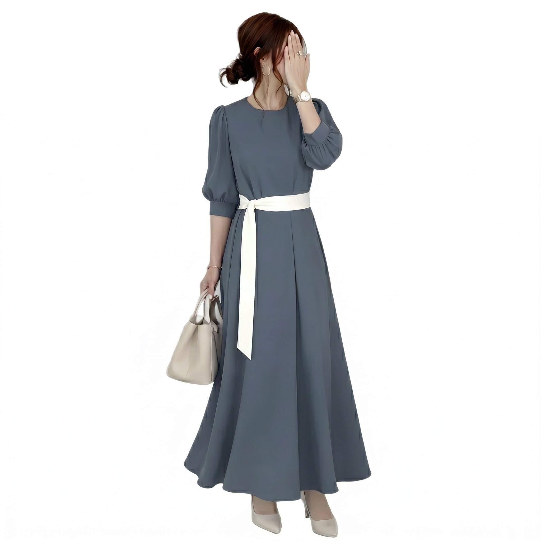 乐天商城 - 【脚長効果】ワンピース レディース ロング マキシ丈 ボリューム袖 七分袖 ぽわん袖 Aライン ウエストリボン ドレス 結婚式 お呼ばれ 二次会 パーティー 卒業式 入学式 フォーマル きれいめ 大人可愛い 30代 40代 50代 体型カバー 二の腕カバー 無地 春 夏 秋 冬 通勤