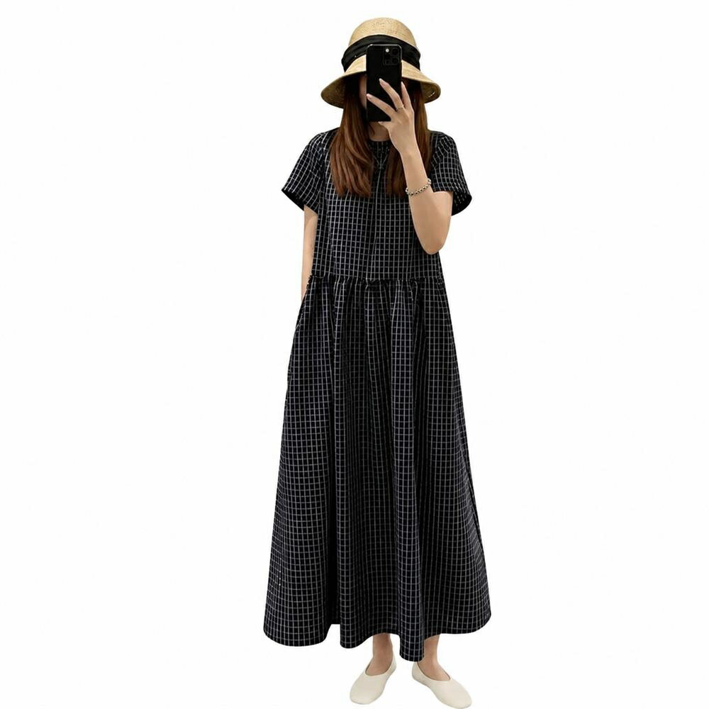 Rakuten - 【大人可愛い】ワンピース ワンピ レディース ロングワンピース マキシ丈 ギンガムチェック チェック柄 格子柄 半袖 五分袖 Aライン ゆったり 体型カバー 着痩せ 大きいサイズ 30代 40代 50代 ナチュラル カジュアル きれいめ 涼しい コットン混 リネンタッチ 楽ちん