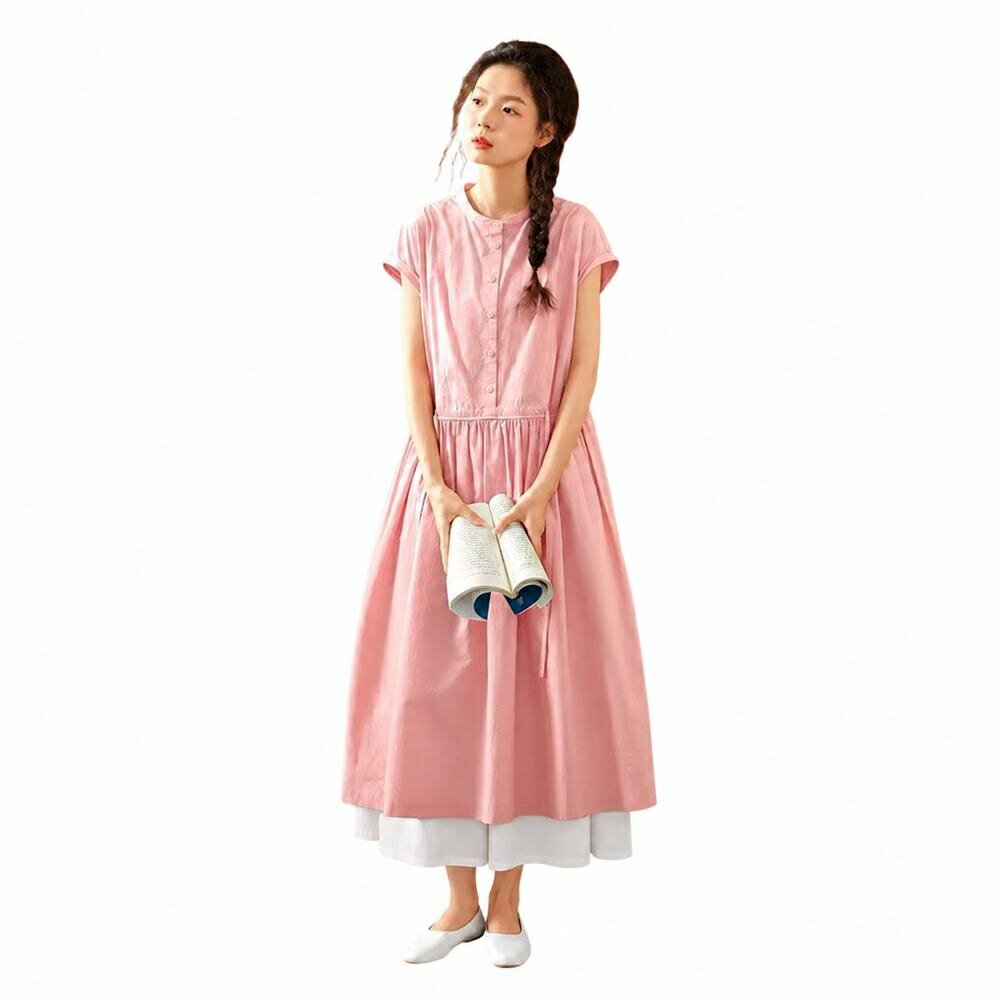樂天商城 - ワンピース レディース ロングワンピース バンドカラー フレンチスリーブ 半袖 ミモレ丈 ウエストギャザー ドロスト Aライン 綿混 コットン 涼しい 涼感 体型カバー 着痩せ 二の腕カバー 楽ちん ナチュラル カジュアル 大人可愛い きれいめ 通勤 ママコーデ お出かけ