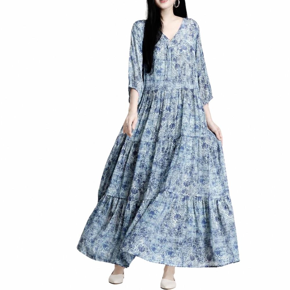 樂天商城 - 【リネンタッチ】ロングワンピース レディース マキシ丈 ティアード Vネック 総柄 花柄 ボタニカル 五分袖 ゆったり 体型カバー 着痩せ お洒落 大人可愛い 二の腕カバー 涼しい 薄手 楽ちん ワンピ ロング マキシ ナチュラル お出かけ リゾート 30代 40代 50代
