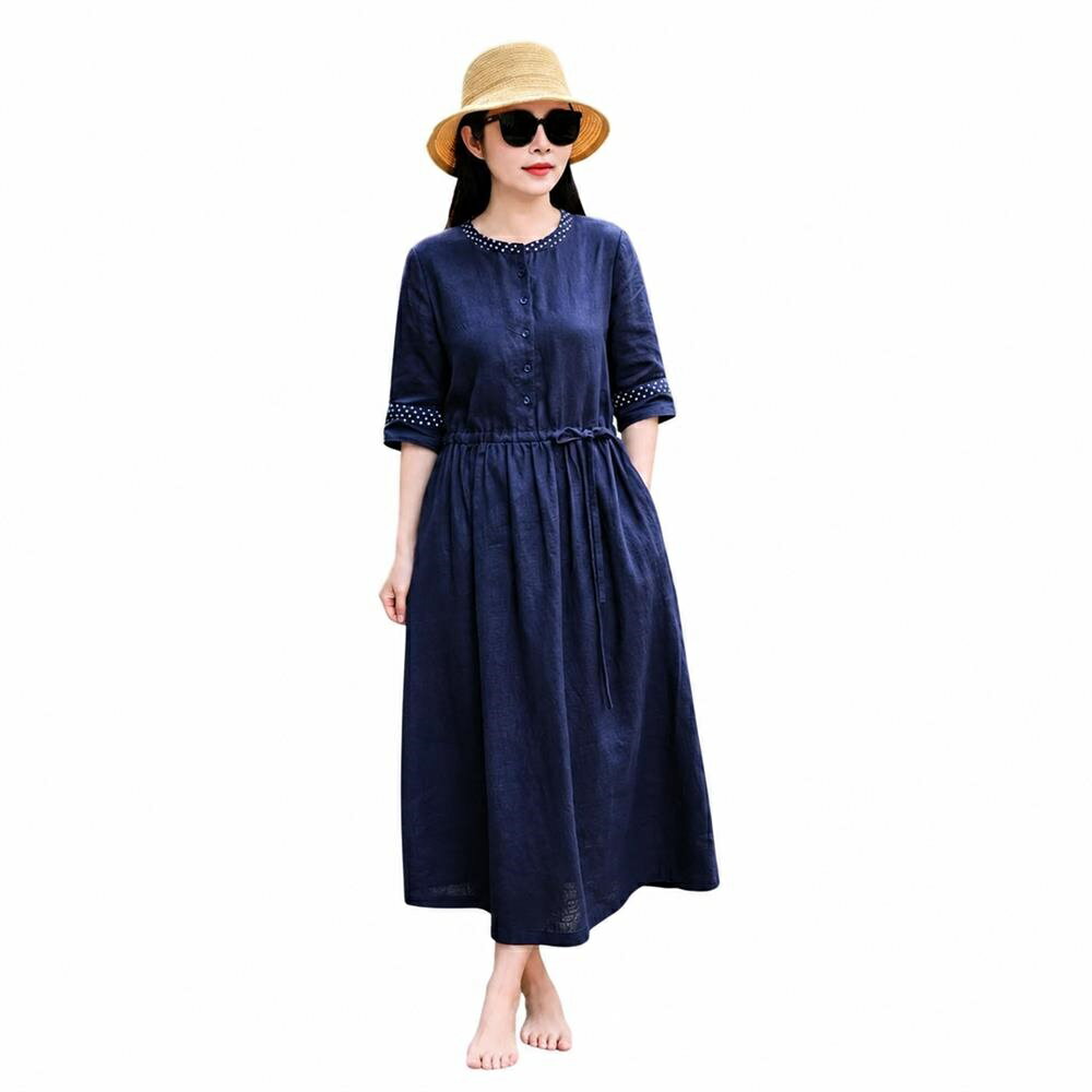 Rakuten - 【大人ナチュラル】ワンピース ロング 夏 レディース 綿麻 リネン ワンピ マキシ丈 Aライン 五分袖 ドット柄 水玉 切り替え クルーネック 丸襟 ウエスト紐 ドロスト フロントボタン 体型カバー 着痩せ 涼しい 二の腕カバー ぽっちゃり 大きいサイズ 30代 40代 お出かけ