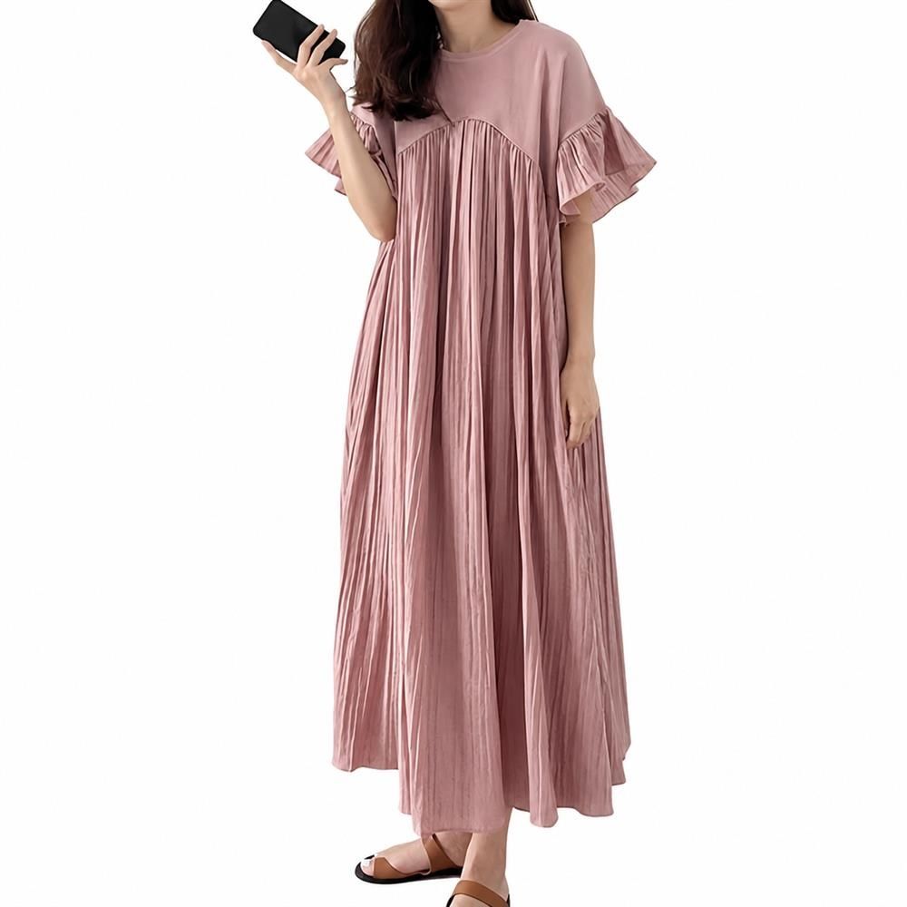 Rakuten - 【体型カバー】ワンピース ワンピ ロングワンピース マキシワンピ レディース 春 夏 半袖 丸首 クルーネック フリル袖 プリーツ 切り替え Aライン ロング丈 マキシ丈 ゆったり 着痩せ 二の腕カバー 楽ちん 涼しい マタニティ カジュアル 旅行 部屋着 20代 30代 40代