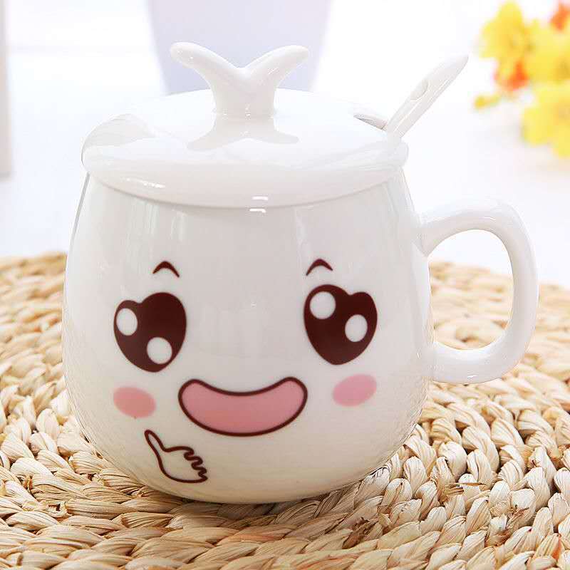 マグカップ 蓋付き スプーン付き 陶器 かわいい うっひょー アニメ顔 癒し コーヒーカップ ティーカップ 350ml 丸型 雑貨 おしゃれ ギフト プレゼント 贈り物 誕生日 女性 子供