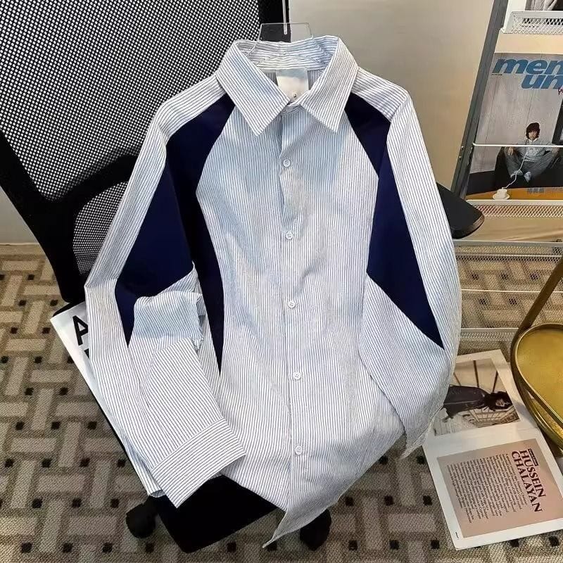 メンズ 長袖シャツ オーバーサイズ パッチワーク ストライプシャツ シティボーイ お洒落 縦縞 切り替え カジュアル モード 春秋 秋服 男 無地 長袖 襟付きシャツ 紺 ストライプ 柄 長袖 シャツ