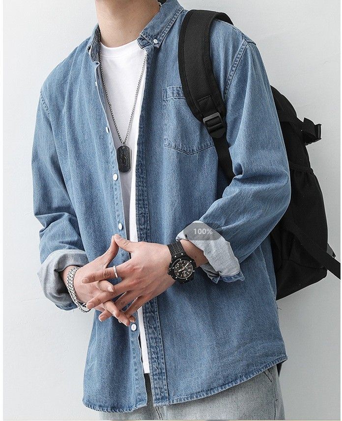 Rakuten - デニムシャツ メンズ 長袖 ワークシャツ ゆったり カジュアル 無地 濃紺 秋 春服 コットン 厚手 ヴィンテージ風 柔らかい 羽織り トップス 大きいサイズ