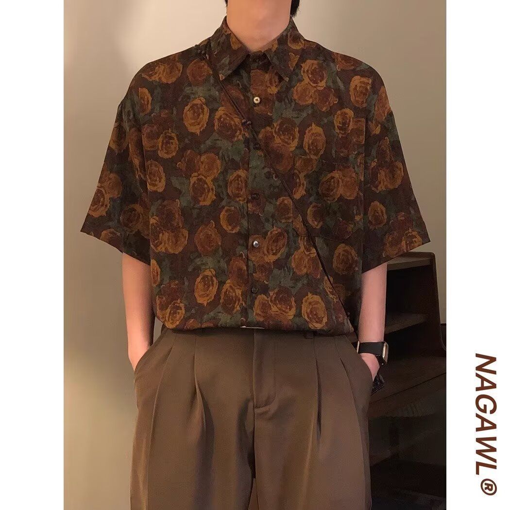 乐天商城 - 花柄 ヴィンテージ 半袖シャツ メンズ オーバーサイズ レトロ ビッグシルエット 総柄 秋 冬 薔薇 プリントシャツ バラ 派手 油絵風 カジュアルシャツ かっこいい 大きいサイズ ゆったり 羽織り