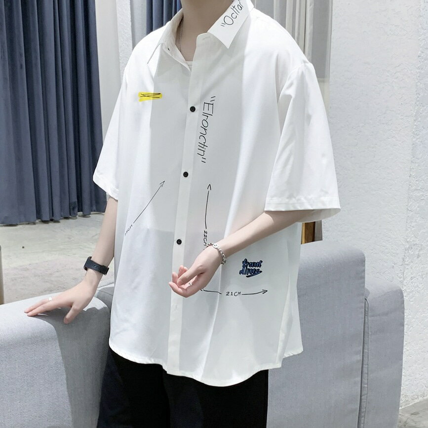 乐天商城 - 半袖シャツ メンズ 夏服 カジュアル 接触冷感 シャツ オーバーサイズ ストリート系 英字 プリント ビッグシルエット 襟付き トップス さらさら 涼しい 快適 薄手 通気性 ファッション おしゃれ