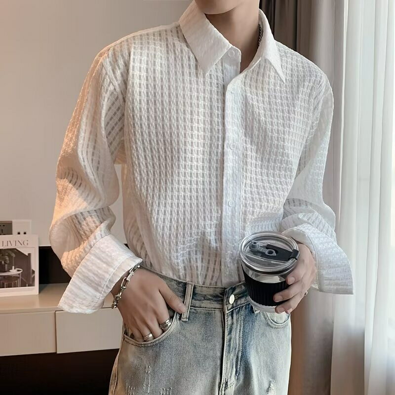樂天商城 - シャツ メンズ 長袖 カジュアルシャツ 春夏 秋物 シアーシャツ 襟付き 透け感 凸凹素材 ワッフル地 おしゃれ ストリート系 ゆるめ ゆったり 無地 トップス ビッグシルエット 清涼感 通気性 羽織