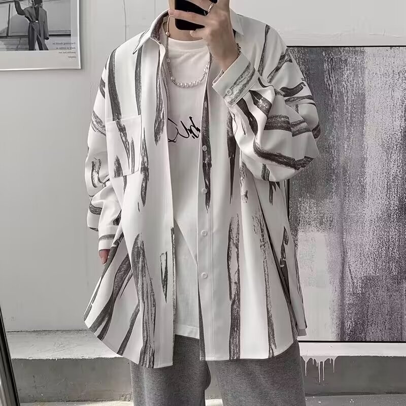 シャツ メンズ 長袖 ビッグシルエット 柄シャツ 総柄 ファッション ストリート モード系 カジュアル ゆったり 羽織り 春服 秋服 襟付き 前開き 抽象柄 トップス お洒落 快適 通気性 柔らかい