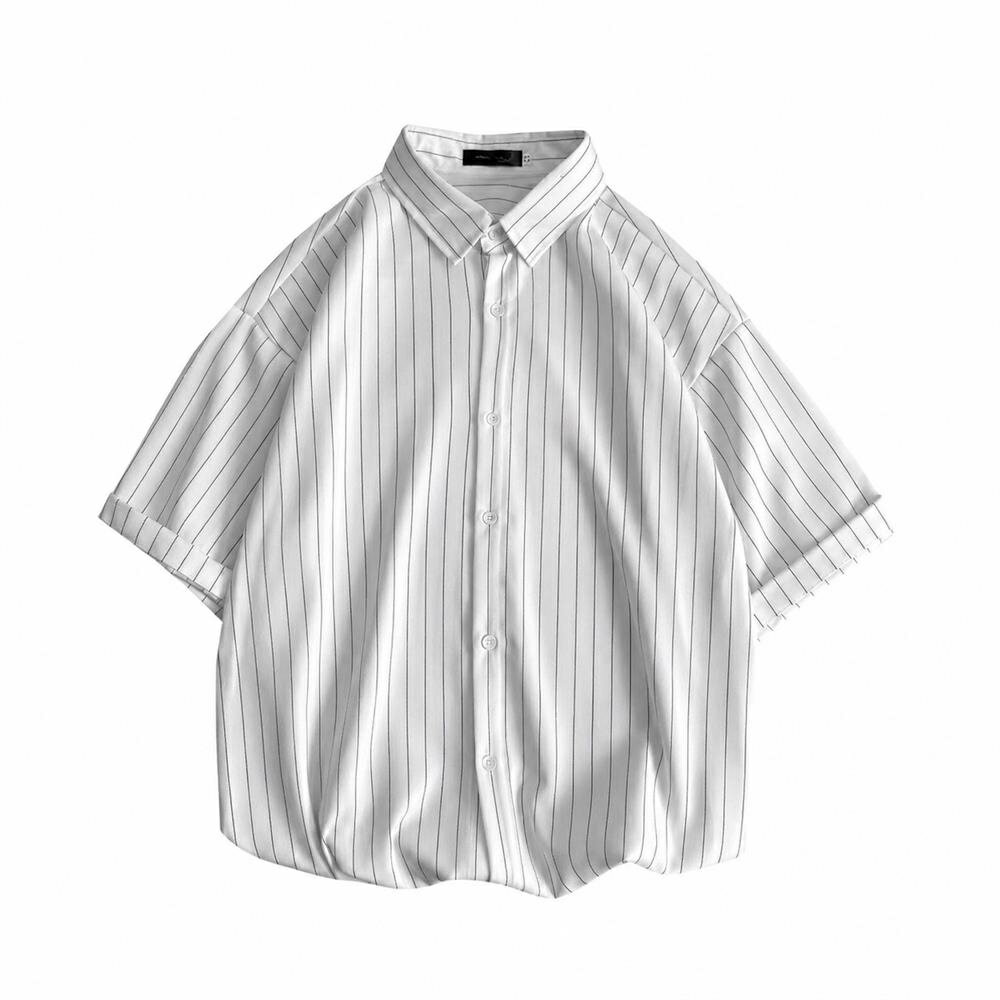 Rakuten - 【爽快ストライプ】シャツ 半袖 メンズ ビッグシルエット 五分袖 ストライプシャツ 襟付き 夏服 オーバーサイズ ゆったり 大きいサイズ カジュアル きれいめ 柄シャツ 縦縞 ピンストライプ ドロップショルダー 涼しい 通気性 さらさら 体型カバー 着痩せ クールビズ