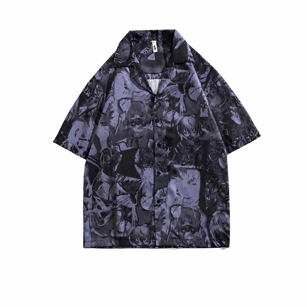 【地雷系】アロハシャツ メンズ 半袖 柄シャツ 開襟シャツ 総柄 病みかわいい モード系 ストリート ビッグシルエット オーバーサイズ 大きいサイズ トップス 涼しい 速乾 接触冷感 シワになりにくい サブカル イラスト 韓国 ユニセックス ペアルック 夏服 春夏 派手