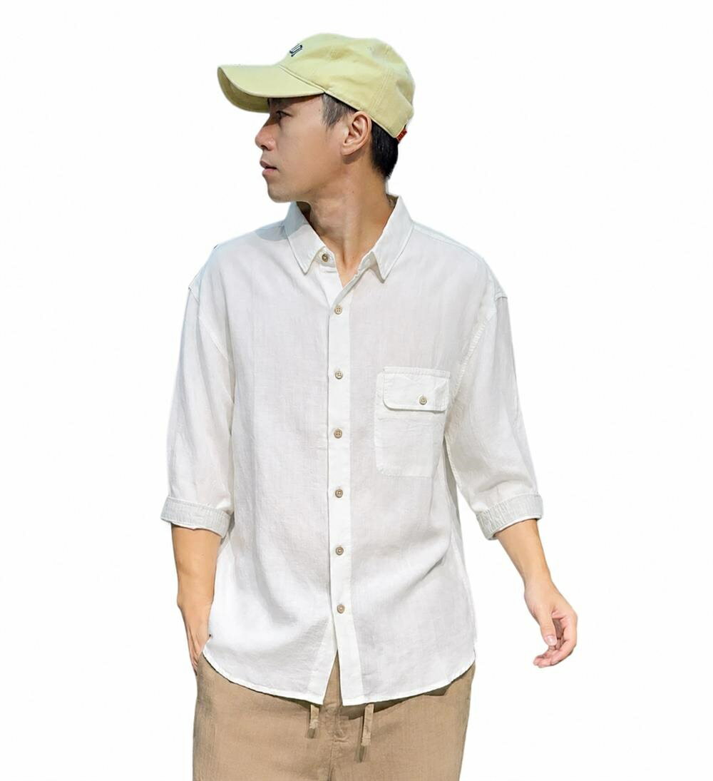 Rakuten - 【清涼リネンタッチ】シャツ メンズ 七分袖 7分袖 ビッグシルエット オーバーサイズ ゆったり 無地 襟付き ドロップショルダー 体型カバー 着痩せ 涼しい 通気性 蒸れない 綿麻風 春 夏 春服 夏服 大きいサイズ 30代 40代 50代 大人 きれいめ 羽織り ポケット付き
