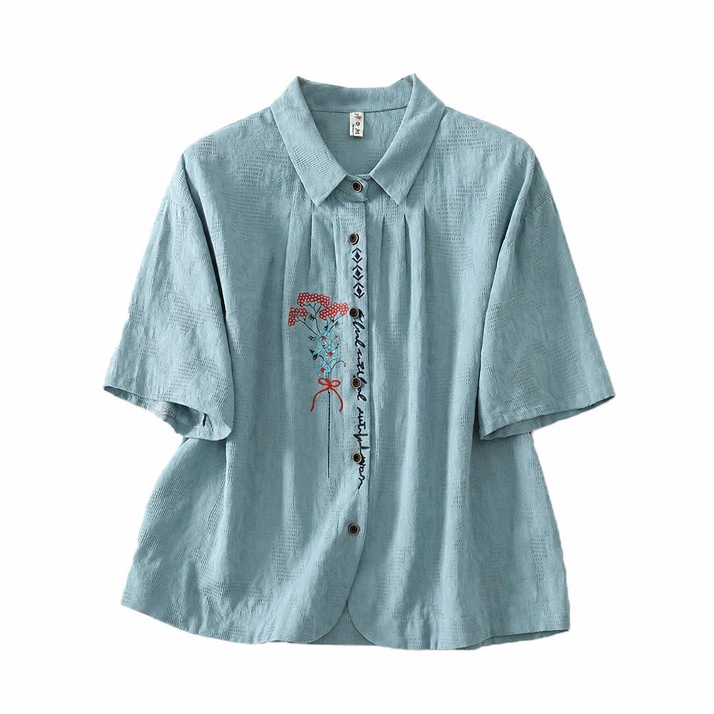 Rakuten - 【レトロ可愛い】ブラウス シャツ レディース 半袖 刺繍 花柄 襟付き 前開き トップス 五分袖 コットン混 リネンタッチ ゆったり 体型カバー 二の腕カバー 涼しい 薄手 カジュアル ナチュラル 森ガール 大人可愛い さわやか 羽織り 大きいサイズ 春