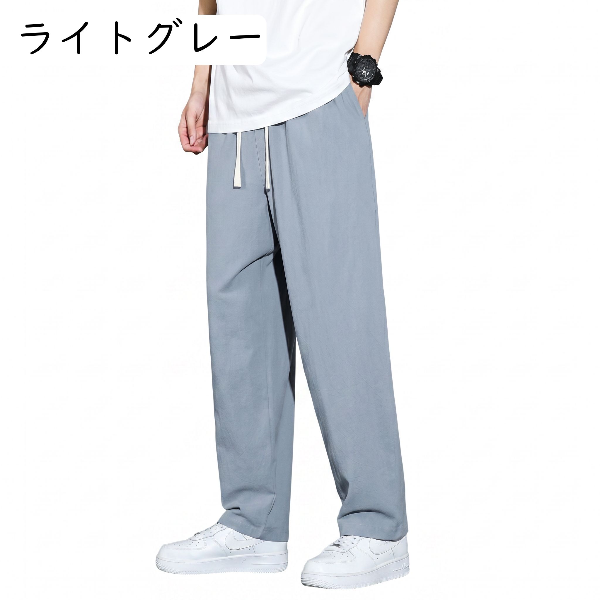 Nartoostonの【涼感リネン混】 ワイドパンツ メンズ イージーパンツ ズボン 夏用 涼しい ゆったり ロングパンツ ウエストゴム ドロスト 紐 調整 ストレート 無地 綿麻 軽い 軽量 通気性 蒸れない 速乾 ボトムス リラックス 部屋着 ルームウェア 外出 散歩 太め 体型カバー 脚長｜アングル3