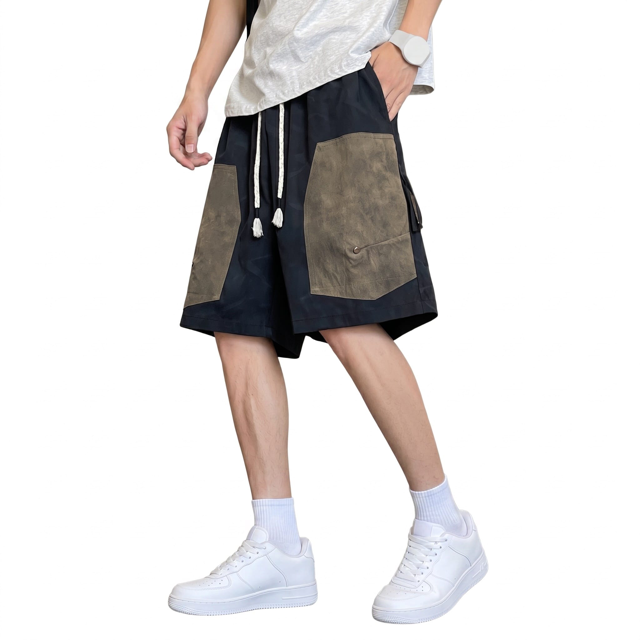 Pants - 【バイカラー】ハーフパンツメンズショートパンツカーゴパンツ切り替えワイドワークパンツ短パン膝丈五分丈ズボンボトムスストリート系ヒップホップ韓国ファッションゆったり大きいサイズ体型カバーウエストゴム紐楽ちん涼しい蒸れない軽量春夏ミリタリーキャンプアウト