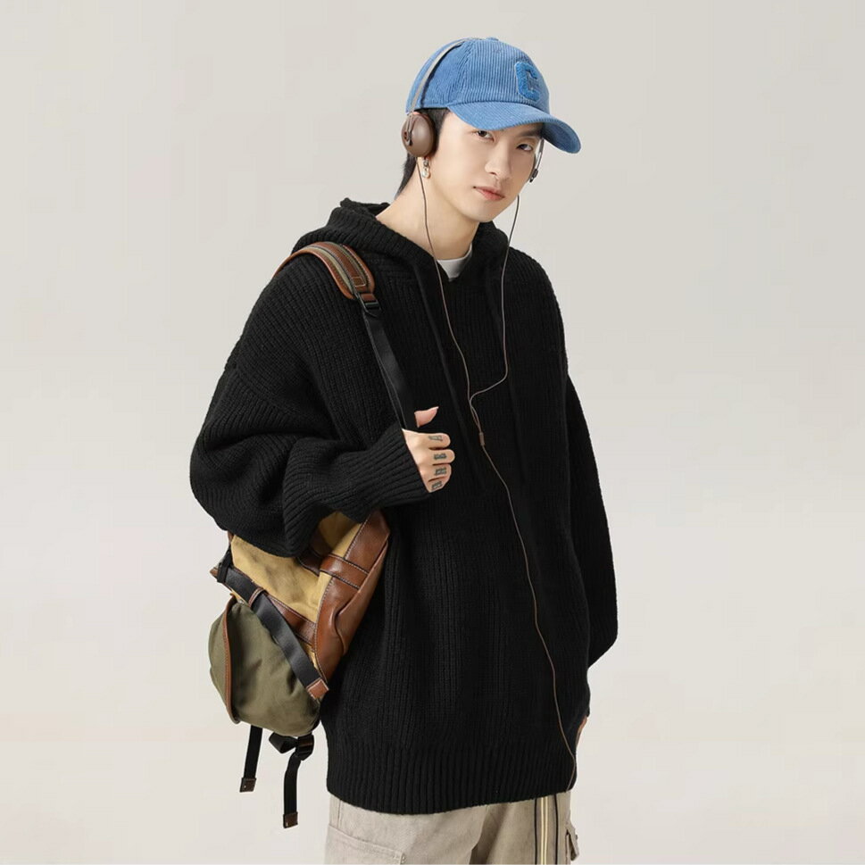 Knit Sweater - ニット パーカー メンズ セーター 厚手 フード付き プルオーバー オーバーサイズ ビッグシルエット ゆったり ざっくり ドロップショルダー 無地 カジュアル 暖かい 秋 冬 トップス 大きいサイズ