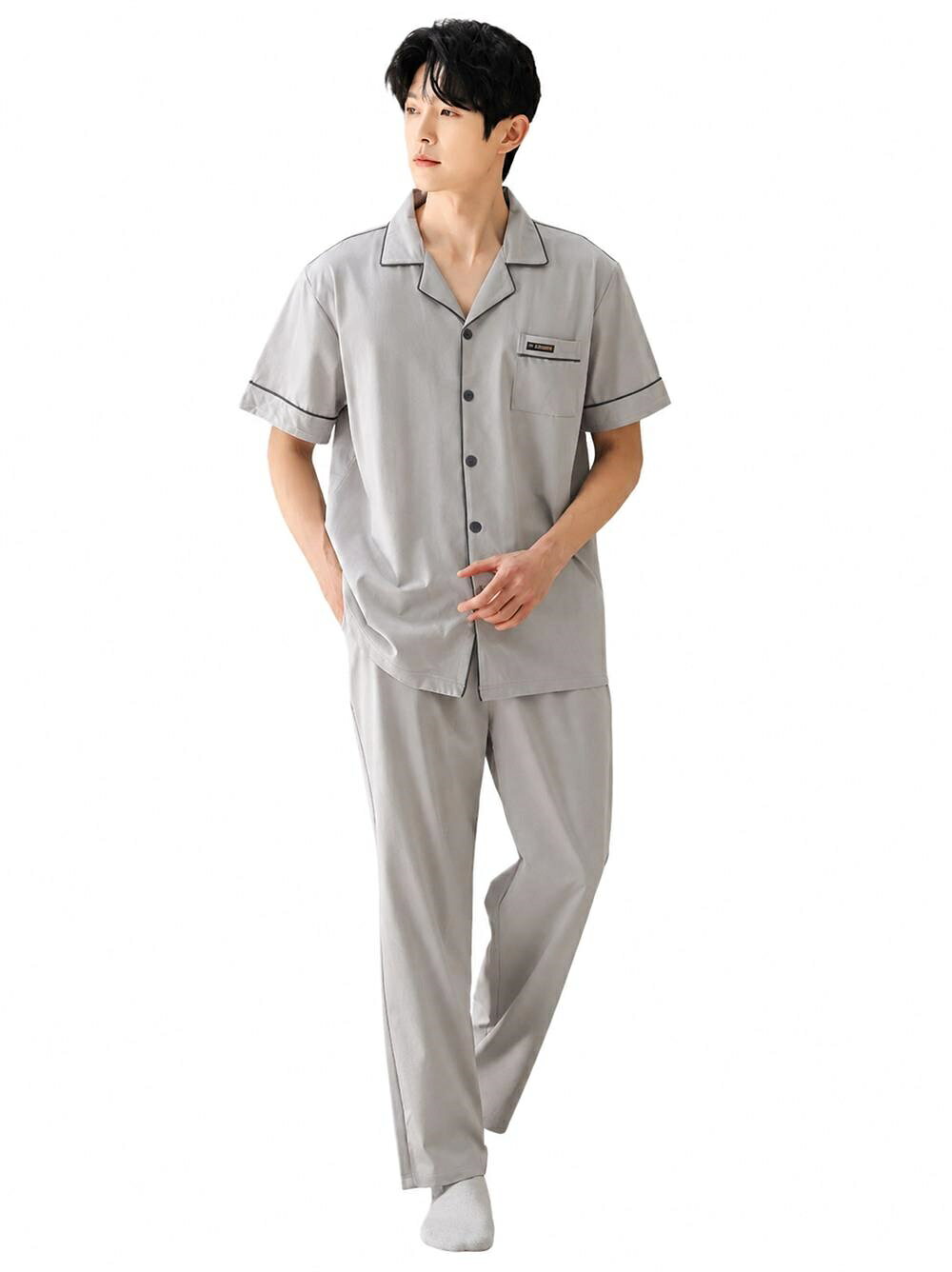 【開襟シャツ】メンズ パジャマ 上下セット 半袖 ロングパンツ ルームウェア 前開き 夏用 寝巻き ナイトウェア 部屋着 通気性 吸汗速乾 肌触り なめらか 涼しい 快適 ゆったり 長ズボン おうち時間 春 秋 父の日 シンプル 無地 グレー