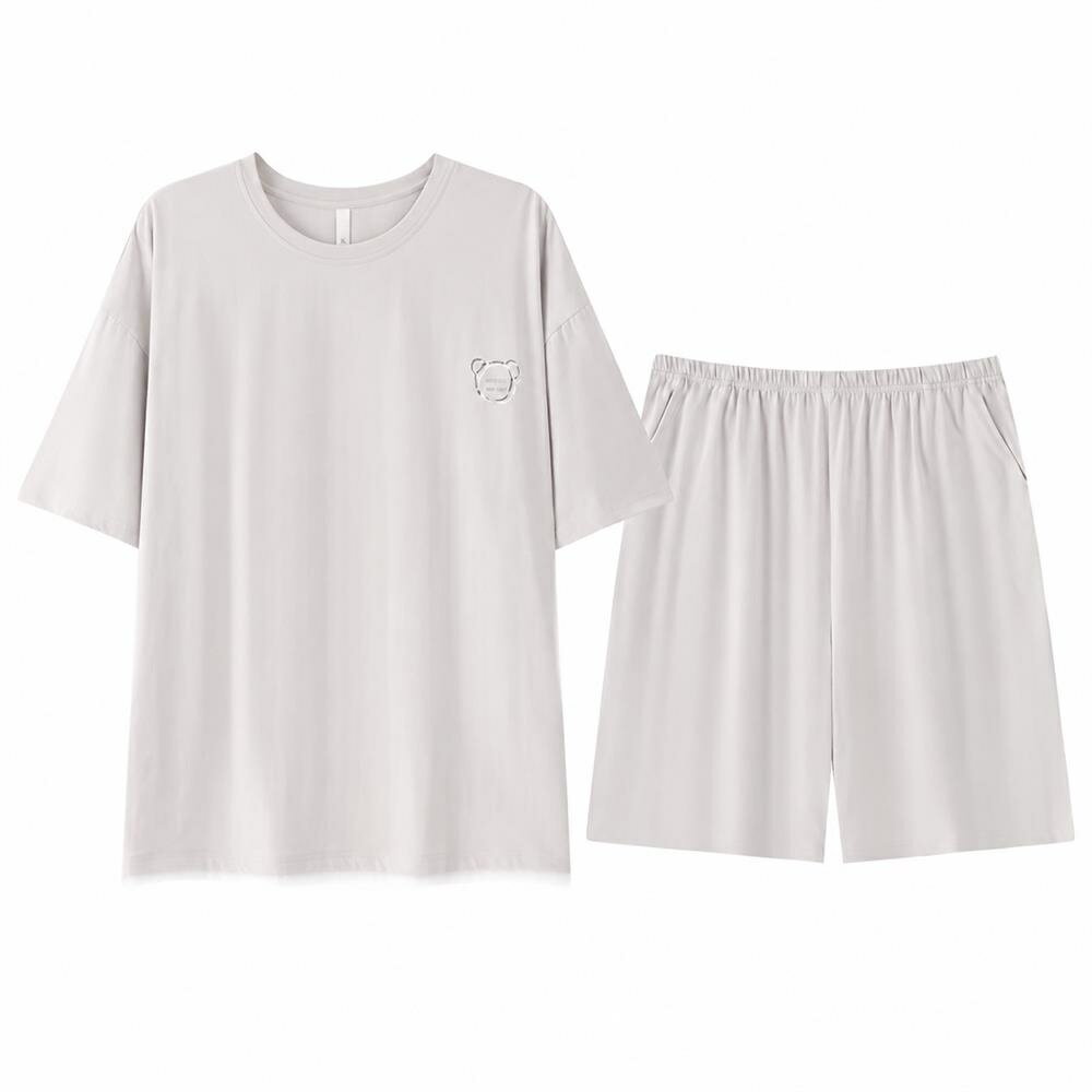 乐天商城 - 【接触冷感】パジャマ メンズ ルームウェア 上下セット 半袖 夏用 部屋着 涼しい ひんやり モダール風 セットアップ 寝巻き ズボン 短パン ショートパンツ 5分袖 クルーネック ワンポイント 刺繍 クマ ビッグシルエット 大きいサイズ 吸汗速乾 通気性 蒸れない