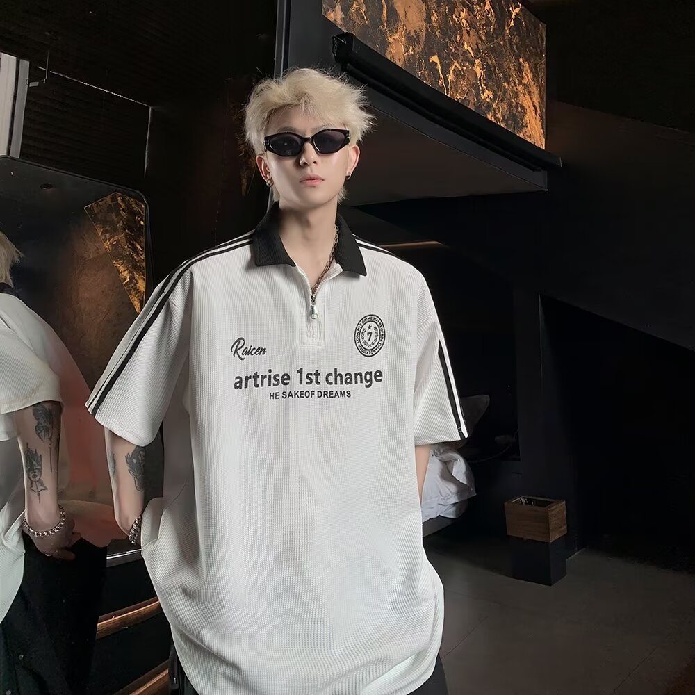 ポロシャツ メンズ ハーフジップ 半袖 ストリート サイドライン ビッグシルエット 襟付き トップス 春 夏服 カジュアル おしゃれ 英字 ロゴ comsys-r-10005065 Nartooston パッケージ画像