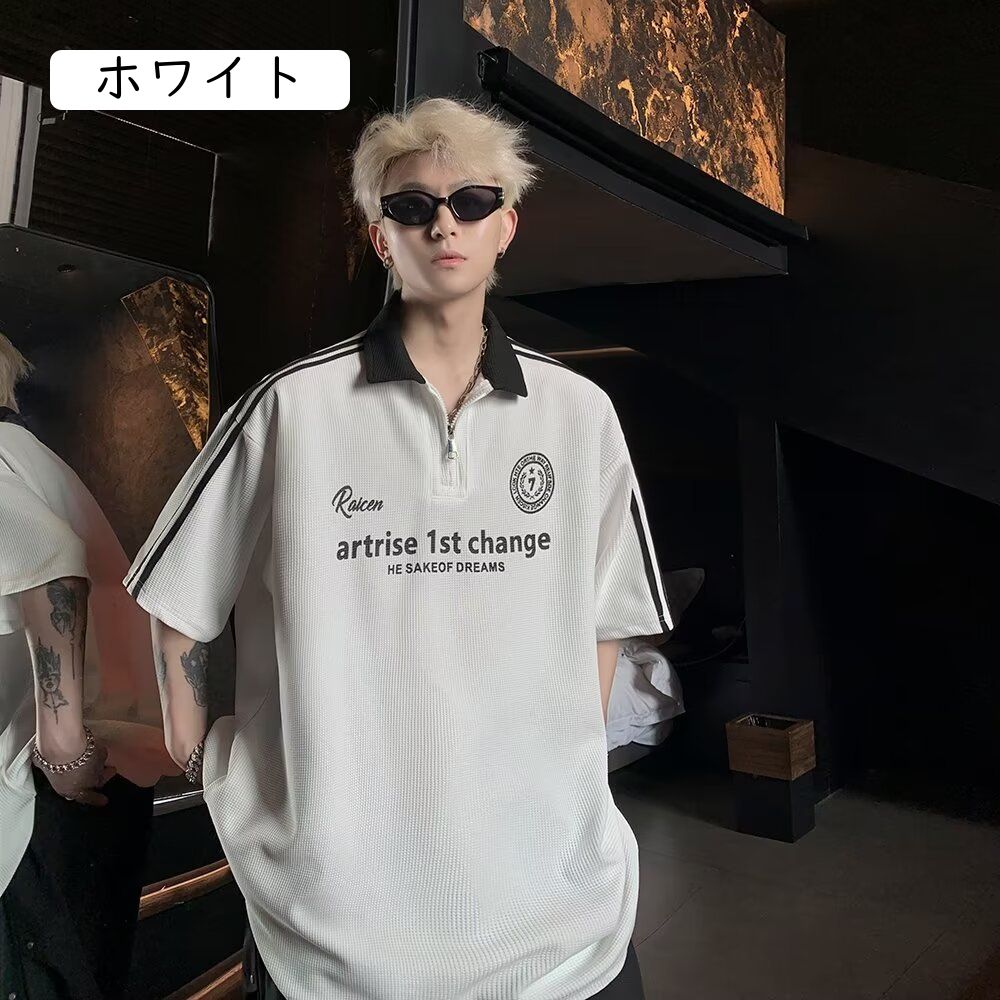 ポロシャツ メンズ ハーフジップ 半袖 ストリート サイドライン ビッグシルエット 襟付き トップス 春 夏服 カジュアル おしゃれ 英字 ロゴ comsys-r-10005065 Nartooston サンプル画像2