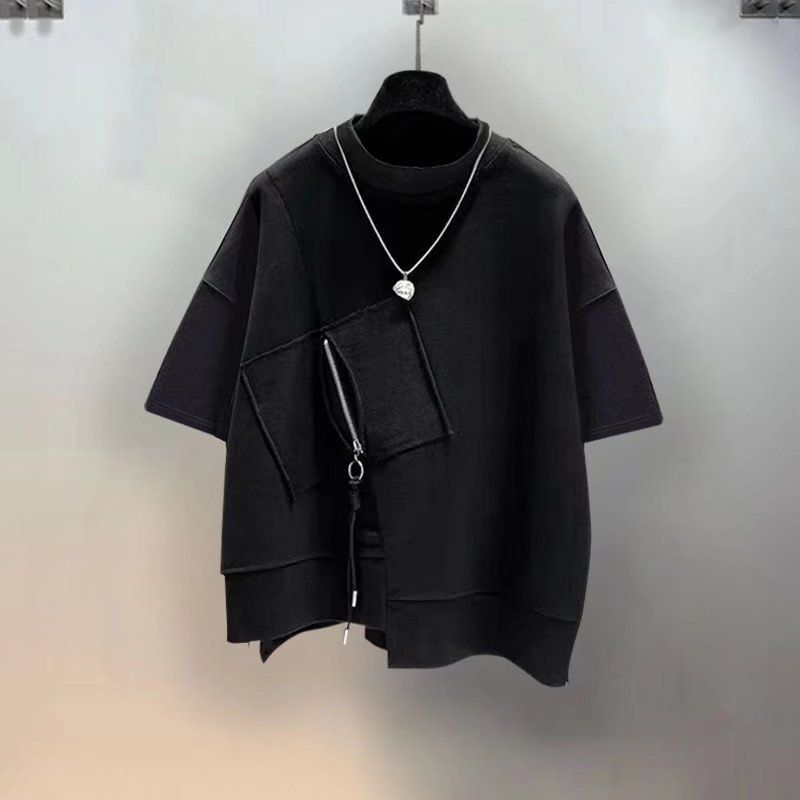 樂天商城 - シャツ メンズ 半袖 オーバーサイズ カットソー 切替 デザイン ジッパー付き ゆったり 夏服 おしゃれ 大きいサイズ ストリート系 トップス 無地 ファッション 春 夏