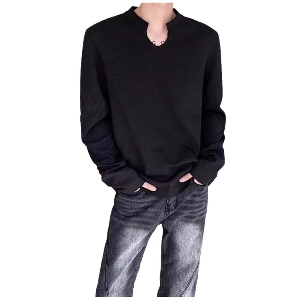 樂天商城 - シャツ メンズ 長袖 キーネック スリットネック ファッション ビッグシルエット トップス ロンT 無地 カジュアル きれいめ モード系 おしゃれ ゆったり 春 秋 冬 インナー カットソー