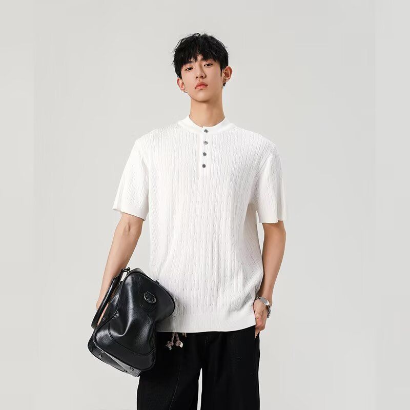 樂天商城 - ポロシャツ メンズ 半袖 ヘンリーネック サマーニット 白 tシャツ 夏用 きれいめ 無地 襟付き シャツ 縦リブ 通気性 涼しい ビジネス クールビズ お洒落 ストレッチ トップス 爽やか カジュア