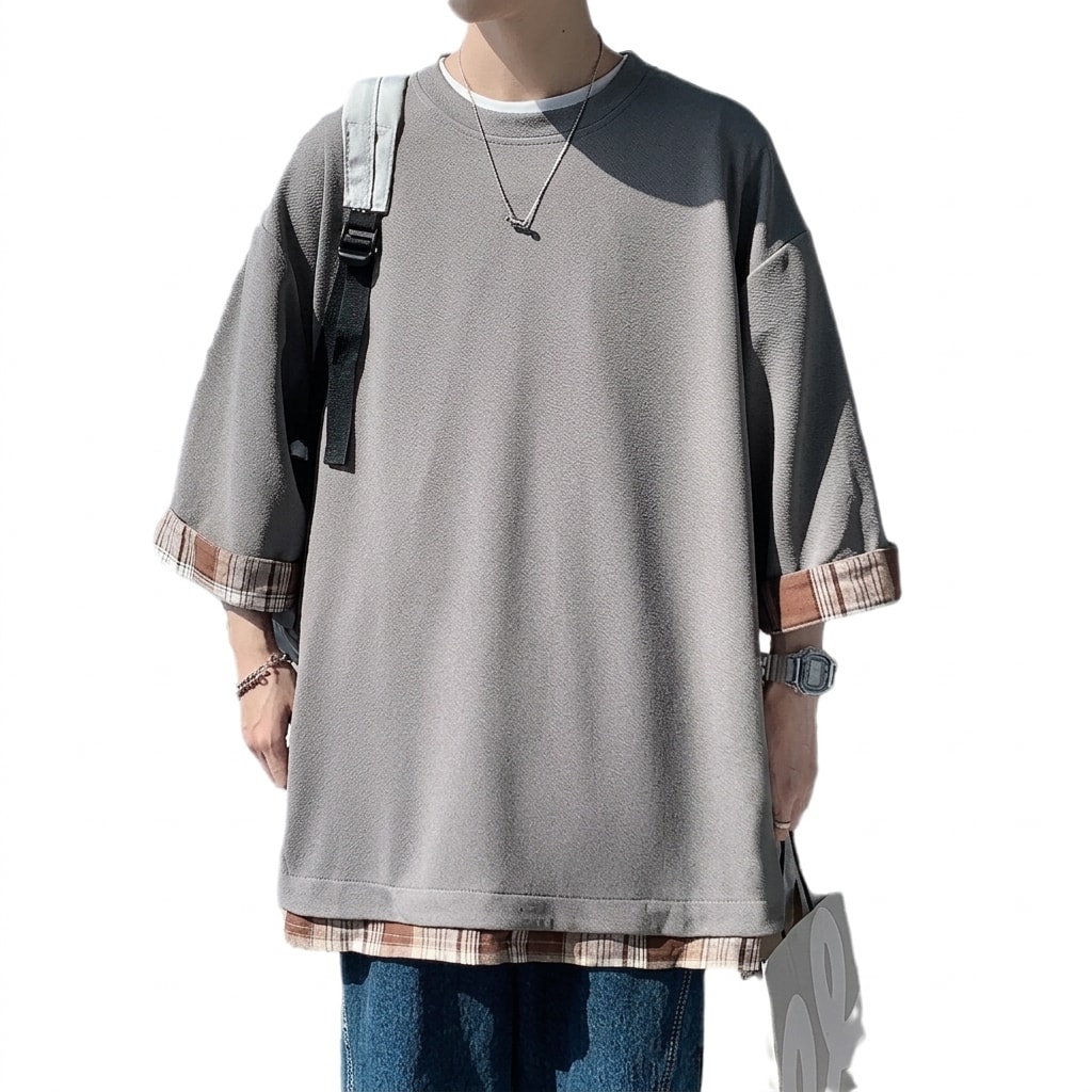 Rakuten - Tシャツ メンズ 半袖 五分袖 重ね着風 フェイクレイヤード チェック柄 切り替え ビッグシルエット オーバーサイズ トップス カットソー クルーネック 丸首 ティーシャツ 大きいサイズ ゆったり 体型カバー 二の腕カバー ストリート カジュアル 韓国 ファッション 春 夏