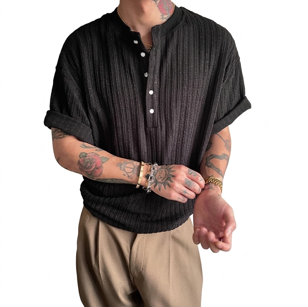 Rakuten - 【接触冷感】Tシャツ メンズ 半袖 ヘンリーネック リブ カットソー ビッグシルエット 夏服 涼しい ティーシャツ トップス サマーニット 紳士服 吸汗速乾 通気性 縦縞 ストライプ柄 オーバーサイズ 大きいサイズ ゆったり 部屋着 ルームウェア 大人 カジュアル キレイめ