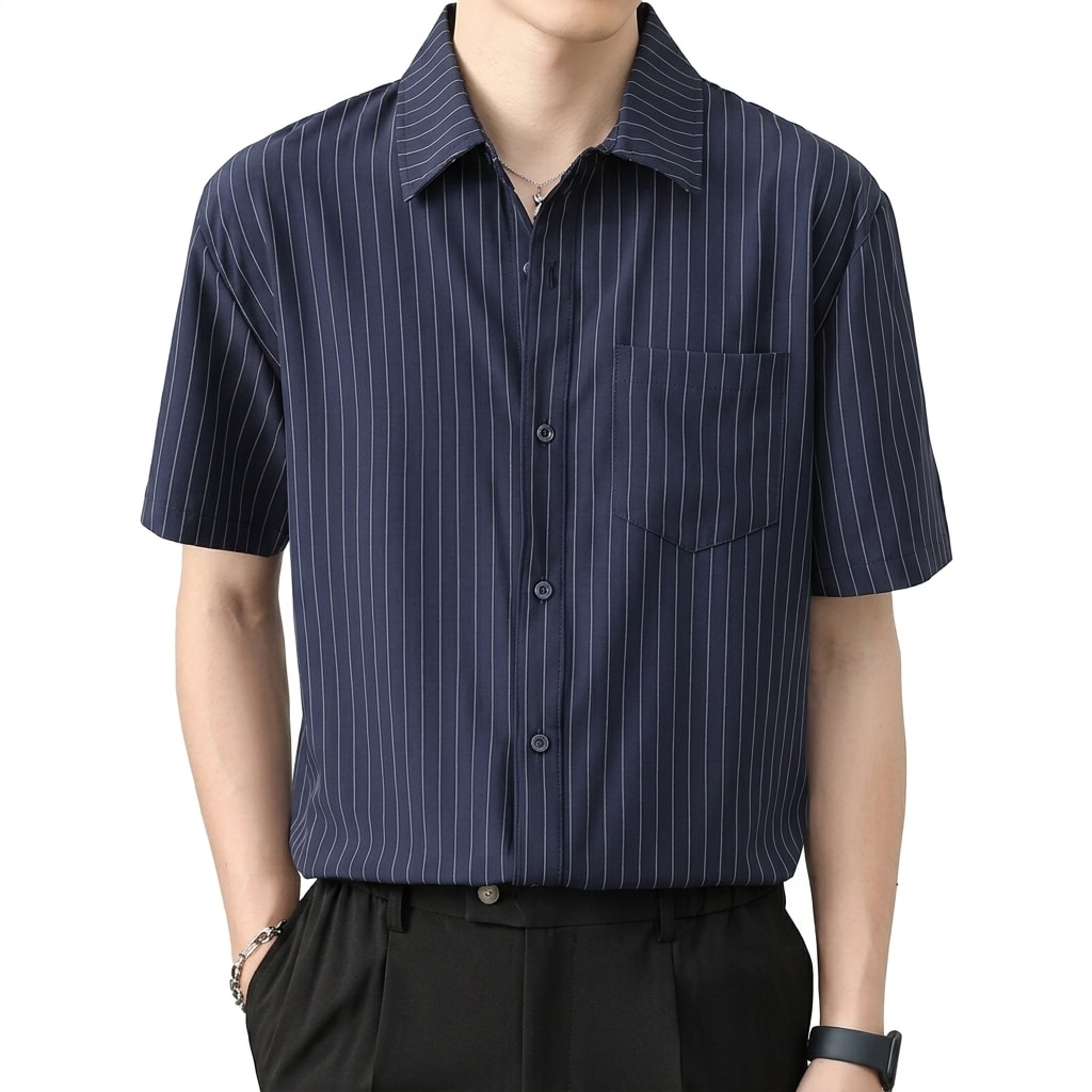 Rakuten - 【形態安定】ストライプシャツ メンズ 半袖 ワイシャツ 襟付き ビジネス クールビズ 涼しい カジュアルシャツ ストライプ柄 縦縞 胸ポケット トップス カッターシャツ ドライ 吸汗速乾 通気性 軽量 薄手 シワになりにくい ノーアイロン さらさら オフィス 通勤 ゴルフ