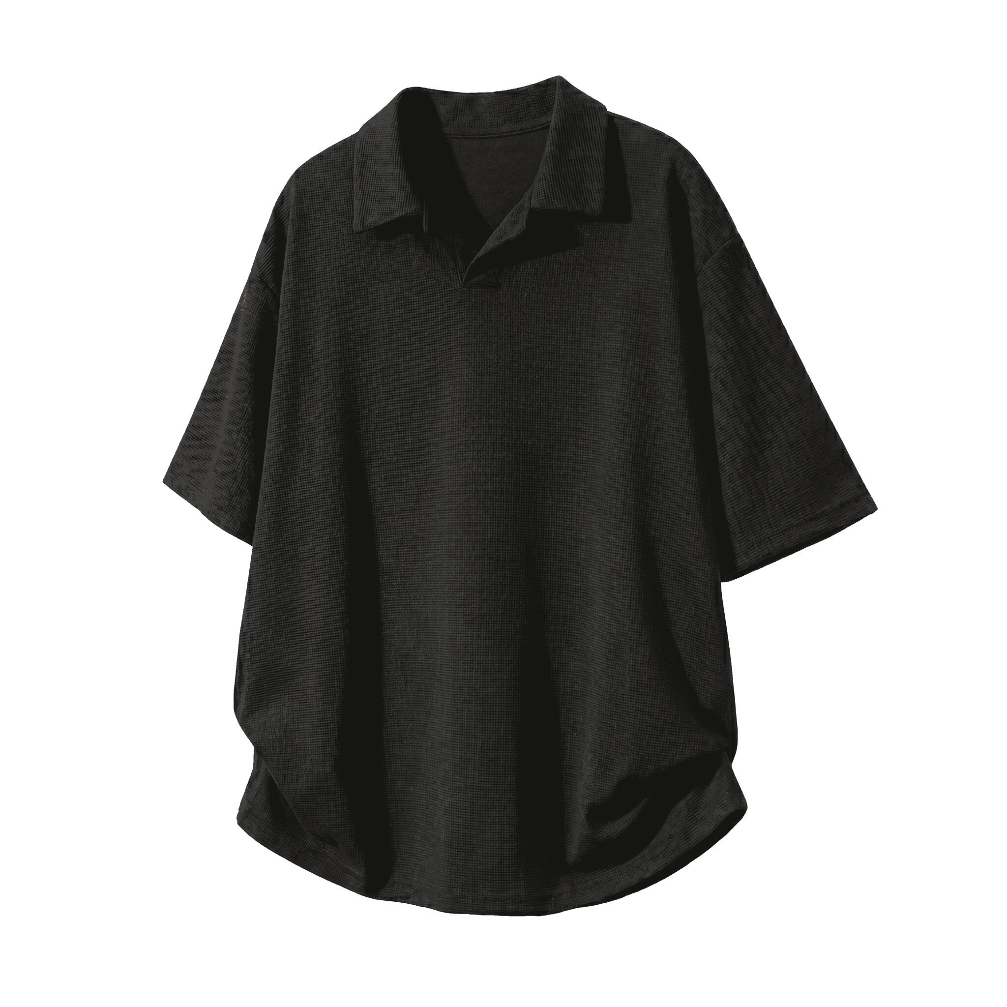 Rakuten - 【ワッフル素材】ポロシャツ メンズ 半袖 スキッパーシャツ 襟付き ビッグシルエット Tシャツ トップス プルオーバー ティーシャツ カットソー 5分袖 オーバーサイズ ドロップショルダー ゆったり 涼しい 通気性 凹凸 鹿の子風 無地 体型カバー シワになりにくい