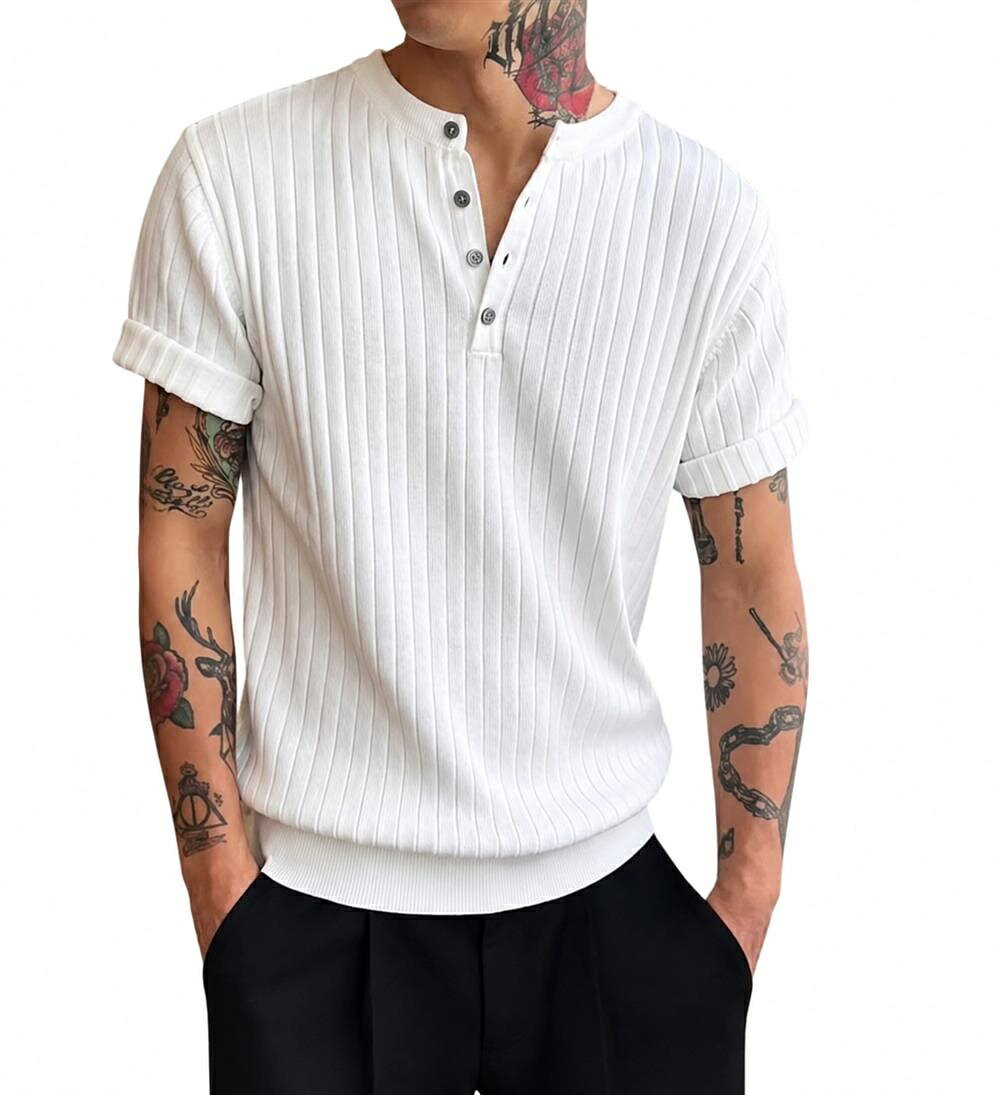 【接触冷感】サマーニット メンズ ヘンリーネック 半袖 ポロシャツ リブニット カットソー Tシャツ トップス 襟なし Vネック風 縦リブ ニットソー サマーセーター カジュアル きれいめ ビジネス オフィス 通勤 クールビズ ゴルフ 父の日 30代 40代 50代 夏用 春服