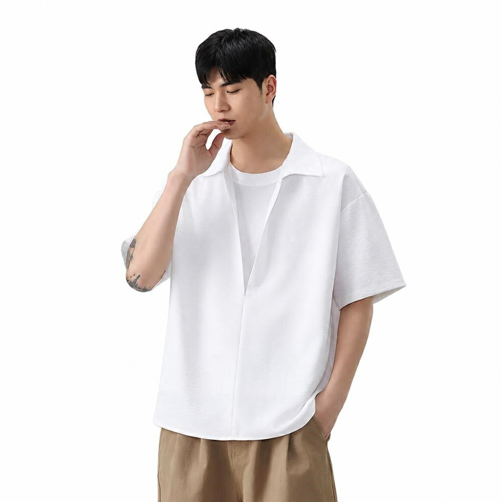 乐天商城 - 【1枚で決まる】Tシャツ メンズ 半袖 カットソー 重ね着風 フェイクレイヤード スキッパーシャツ 襟付き プルオーバー 開襟 ビッグシルエット オーバーサイズ ゆったり 体型カバー 吸汗速乾 ドライ 涼しい 薄手 カジュアル ストリート 春 夏 夏服